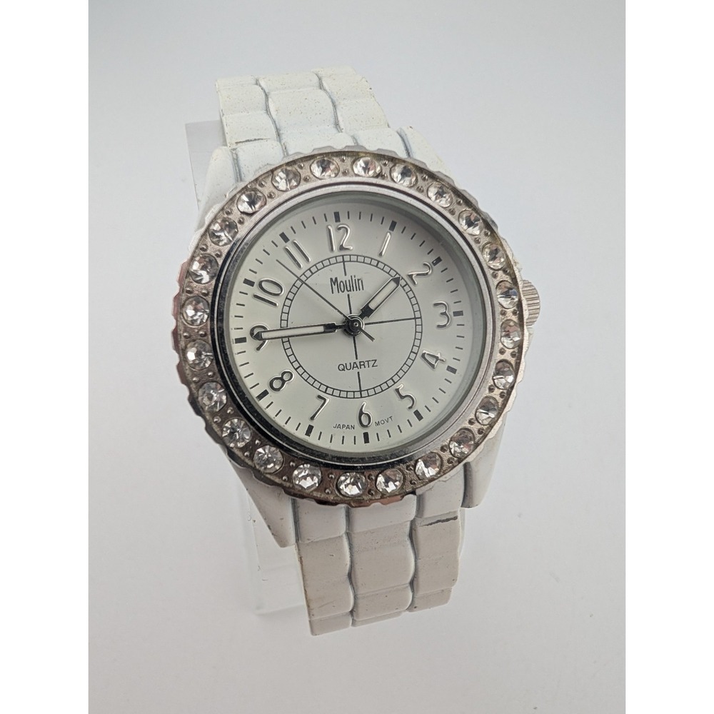 Moulin Women's Watch 34mm Case Crystal Bezel White Bangle Band- New Battery